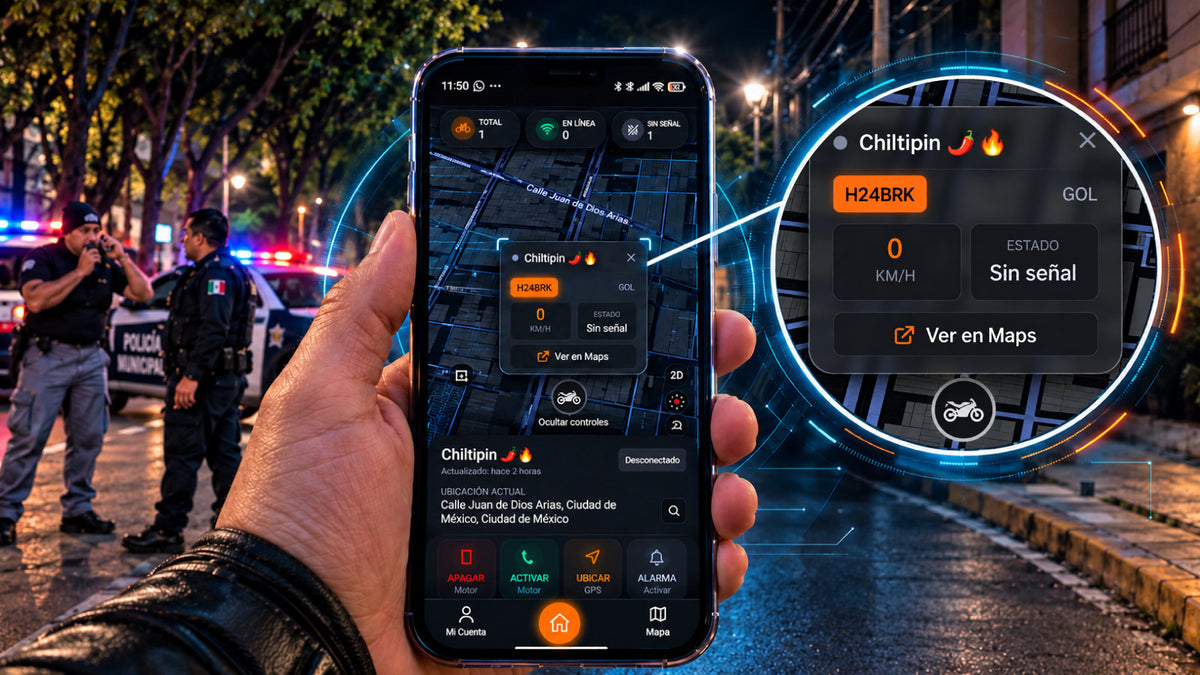 App de Instinto Biker mostrando la ubicación de una moto en el mapa, con policías al fondo