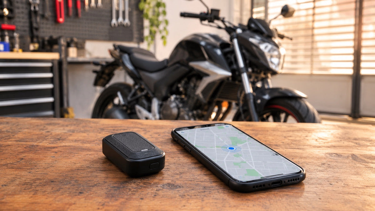 Imagen ilustrativa: localizador GPS y celular con un mapa sobre una mesa de taller, con una moto al fondo