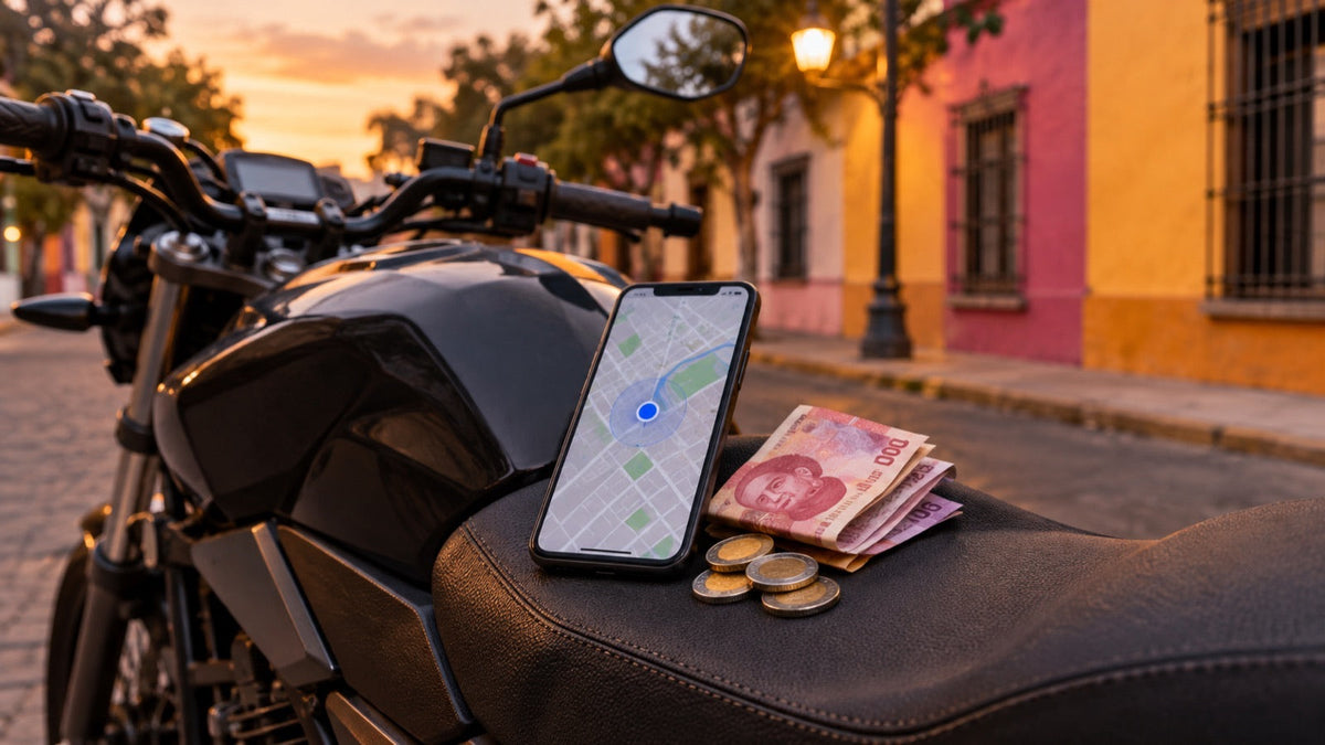 Imagen ilustrativa: celular con un mapa y billetes sobre el asiento de una moto estacionada en una calle de la Ciudad de México