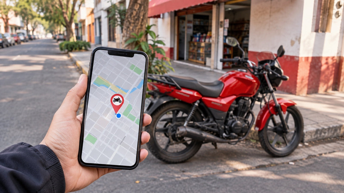 Imagen ilustrativa: una persona revisa en su celular la ubicación de una moto de trabajo roja estacionada en una calle de la Ciudad de México